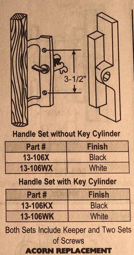 Acorn sliding patio door replacement handle set with and without keys