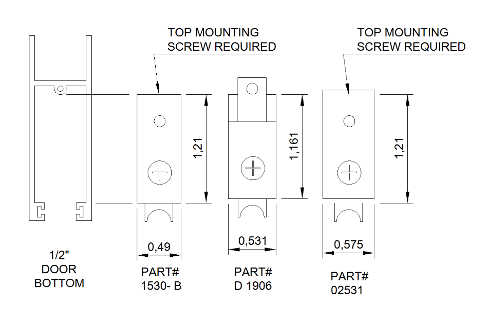 Half inch wide patio door bottom showing available patio door rollers that fit