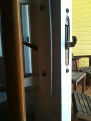 Typical mortise lock on a sliding patio door